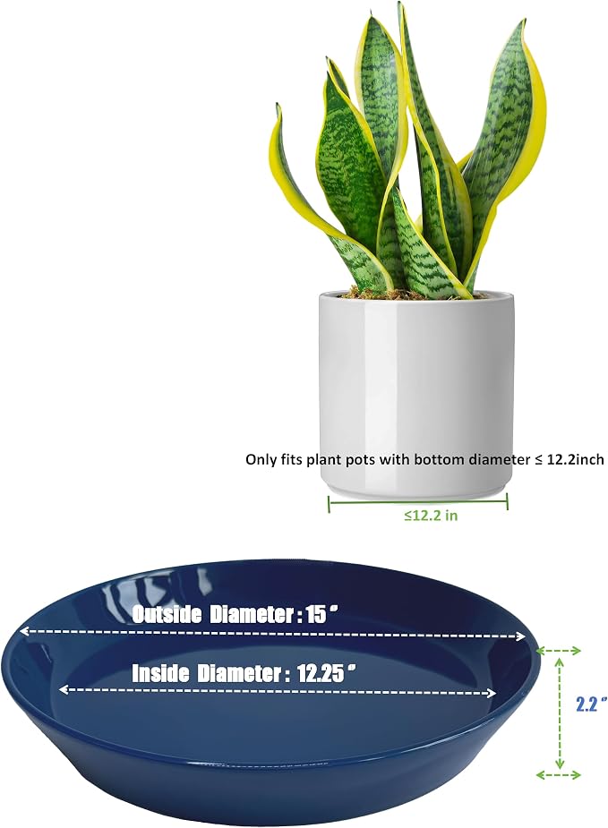Ceramic Plant Saucer Tray 12 14 15 Inch Blue, 15" OD x12.25 ID x2.2 Deep Extra-Large Size Sturdy Heavy Duty Glazed Bevel Planter Drip Flower pots with Catch Basin for Indoor Outdoor Plants