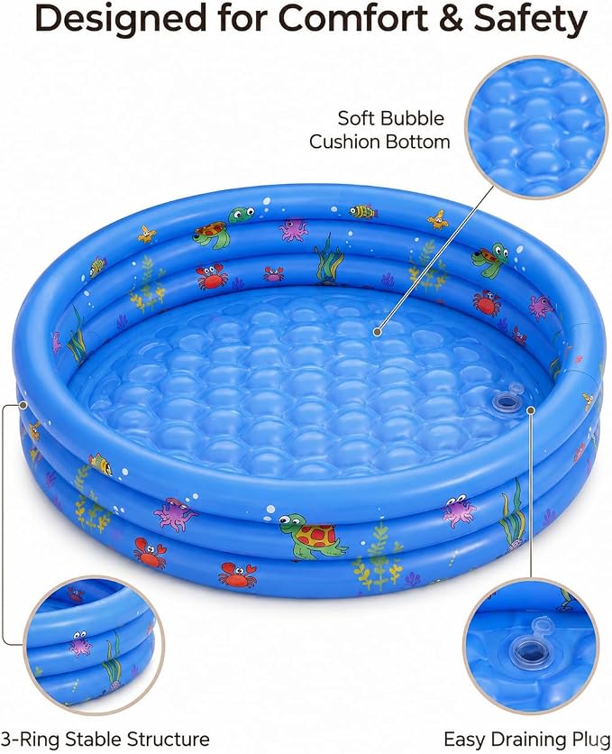 Inflatable Kiddie Pool for Baby with Bubble Bottom, 48"*12", Blue | Toddler Pool with Drain Plug, 3Ring Kids Pool for Summer Play, Flodable,Beach, Backyard, Indoor Ball Pit Play