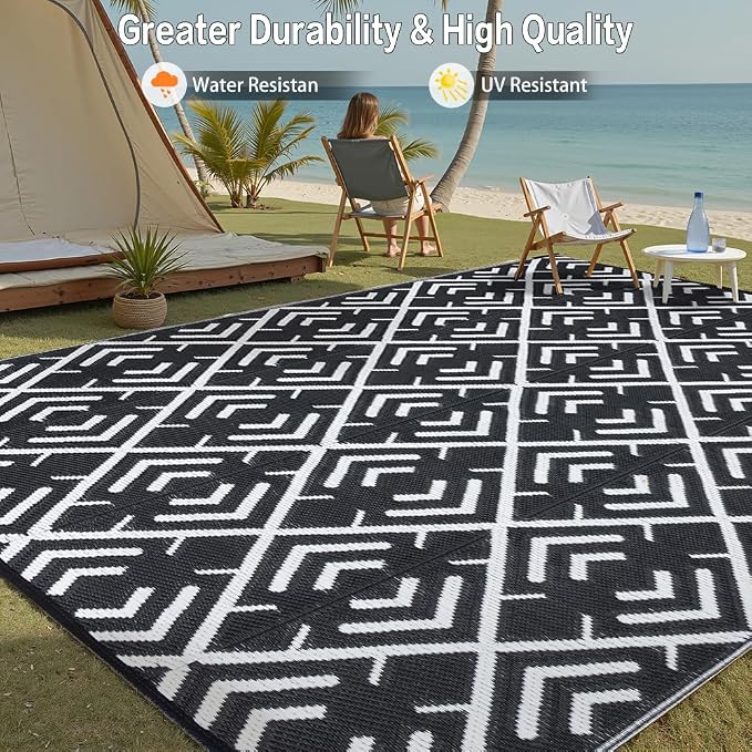 HUGEAR Outdoor Rug Mats, Large Waterproof Outdoor Area Rug, Reversible Portable Outdoor Plastic Straw Carpet for RV Deck Camping Front Door Indoor Outside Porch Picnic (5x8ft Geometric Black&White)