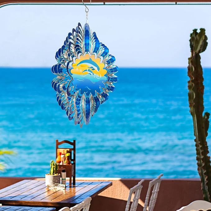 Animated Dolphin Wind Spinner - 3D Kinetic Yard Art Garden Decor | 12in Animations Wind Spinners for Yard and Garden, Metal Hanging Wind Sculpture, Outdoor Decoration, Gift for Sea/Ocean Lover