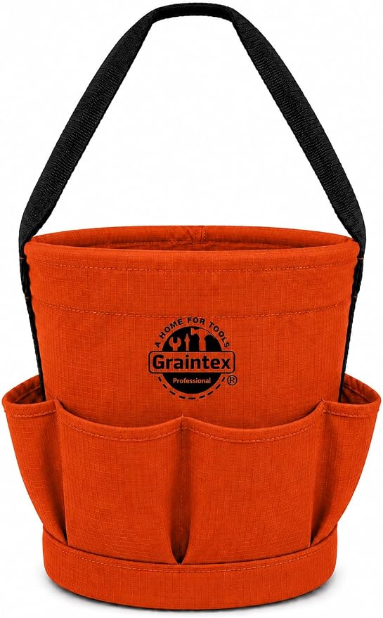 Graintex Tapered Canvas Bucket 12"x10"x15", Utility Tool Bucket 6 Pockets Outside, Reinforced Base & Carry Handle, Ripstop Canvas, Multi-Purpose Bag for Jobsite & Home Use - Rust