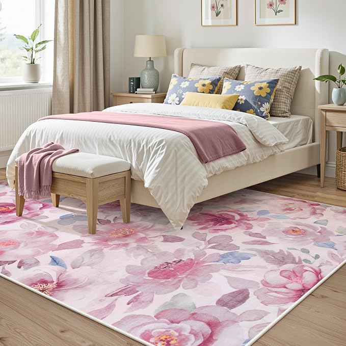 Lahome Pink Floral Area Rug 5x7 for Living Room and Girls Bedroom, Boho | Machine Washable, Non Slip Vintage Low Pile Large Throw Carpet for Dining Room Office