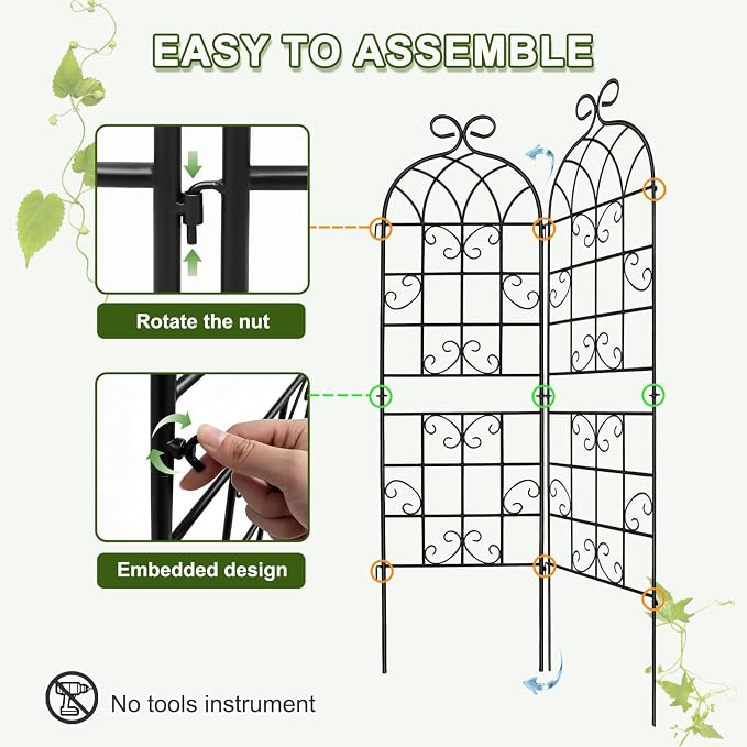 YOBAZAN 4 Pack 71x19.7in Rustic Iron Arch Decoration Garden Trellis with Black Metal Coating – Perfect for Supporting Climbing Plants Outdoor, Roses, Vines, Flowers, and Vegetables.