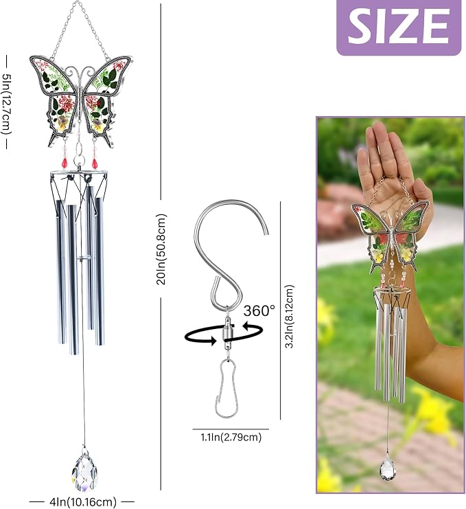KY&BOSAM Butterfly Wind Chime with Crystal Sympathy Wind Spinner Memorial Wind Chimes for Loss of Loved One Prime Bereavement Sympathy Memorial Gift for Loss of Mother Father Condolence Remembrance