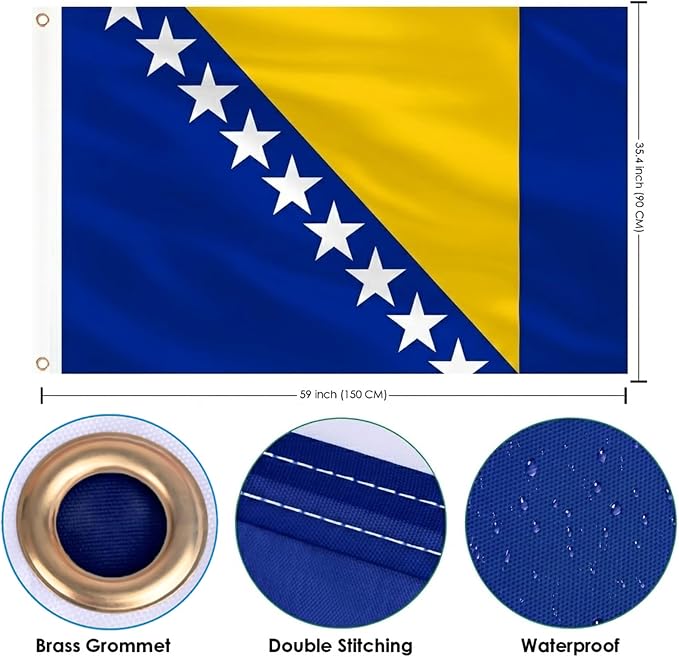 AhfuLife Bosnia and Herzegovina Flag 5ft x 3ft for Party Decor, 1 Pcs Large Bosnia-Herzegovina Flag Polyester Double Side with Brass Eyelets for World Cup Garden Street Indoor Outdoor