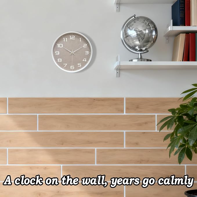 Silent Wall Clock with Large Numbers, 10 Inch Battery Operated Analog Clock with Tempered Glass Burlap Texture Non-Ticking Wall Clocks for Living Room Bedroom Kitchen Office Classroom,White