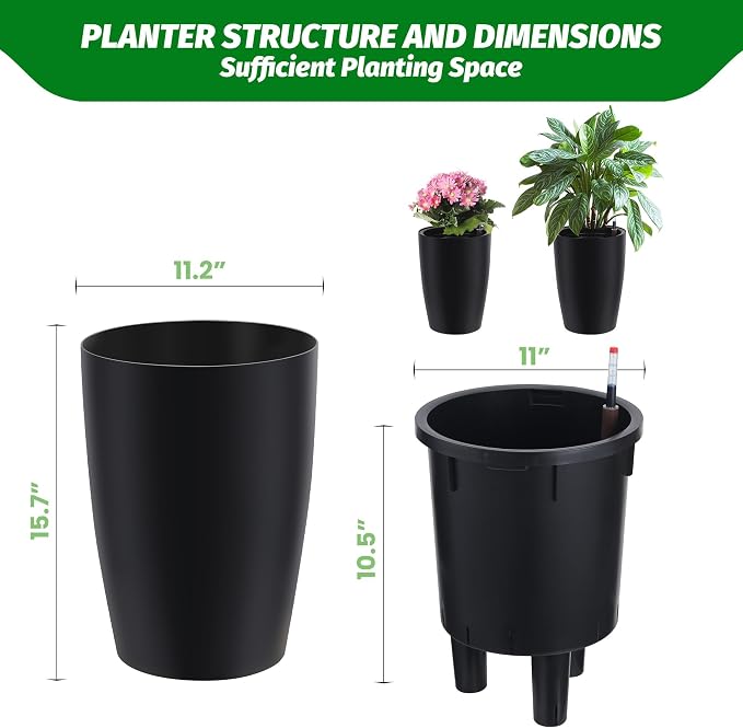 16" Tall Planter Set of 2, Self Watering Pots, Large Planter for Indoor Outdoor Plants, Built-in Drainage and a Water Level Monitor, Tall Planters for Patio, Porch, Living Room, Home Office, Black