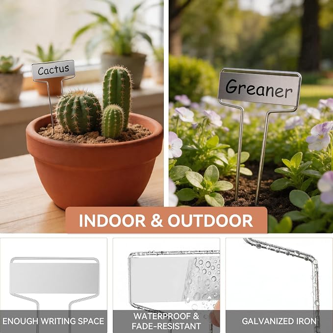 Greaner 10 Inch High Plant Tags, 30 Packs Garden Markers Waterproof with Permanent Pen and Rainproof Pet Films, Metal Plant Labels for Potted Plants Flowers Herbs Vegetables(2.6" x 10", Silver)