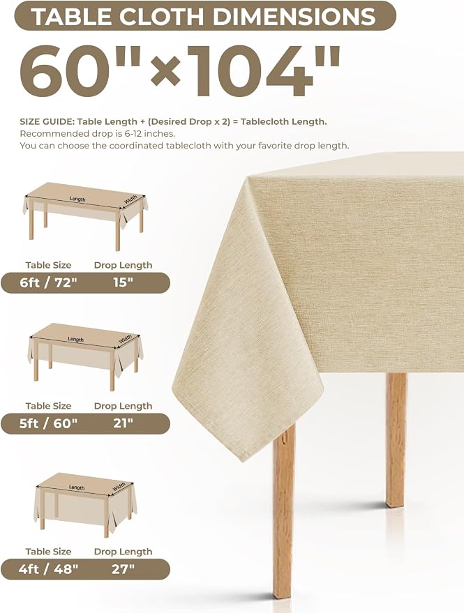 Decorelia Faux Linen Farmhouse Table Cloth 60"x104" for 6 ft Rectangle Table, Beige Waterproof Outdoor Washable Cloth Tablecloth for Rectangular Dining Room Kitchen Outdoor Party Restaurant Decor