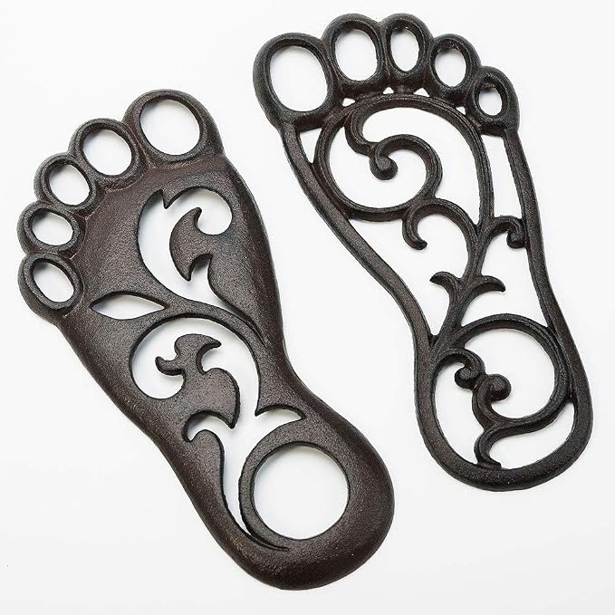 Sungmor Heavy Duty Cast Iron Stepping Mats for Front Door, 2PC 11.8 Inch Long Sturdy Metal Left & Right Footprint Stepping Stone, Retro Elegant Decorative Mat for Garden Lawn Panel Walkway Landscaping
