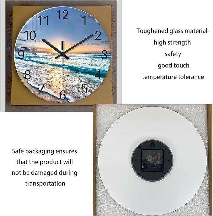 Blue Coastal Wall Clocks Battery Operated 16 Inch | Glass Wall Clock Silent Beach Round Large Decorative Wall Clock for Living Room Bedroom Kitchen Office