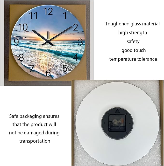 Blue Beach Wall Clocks Battery Operated 12 Inch | Analog Glass Wall Clock for Living Room Bedroom Bathroom Kitchen Office Decor Wall Clock Silent