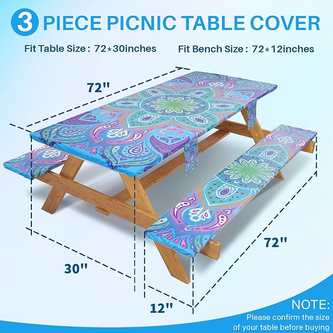 Jobunai Picnic Table Cover with Bench Covers Fitted Waterproof Camping Tablecloth with Elastic for 6 Foot Rectangle Tables Outdoor Travel Rv Essentials Summer Vacation Accessories Gifts for Men Women