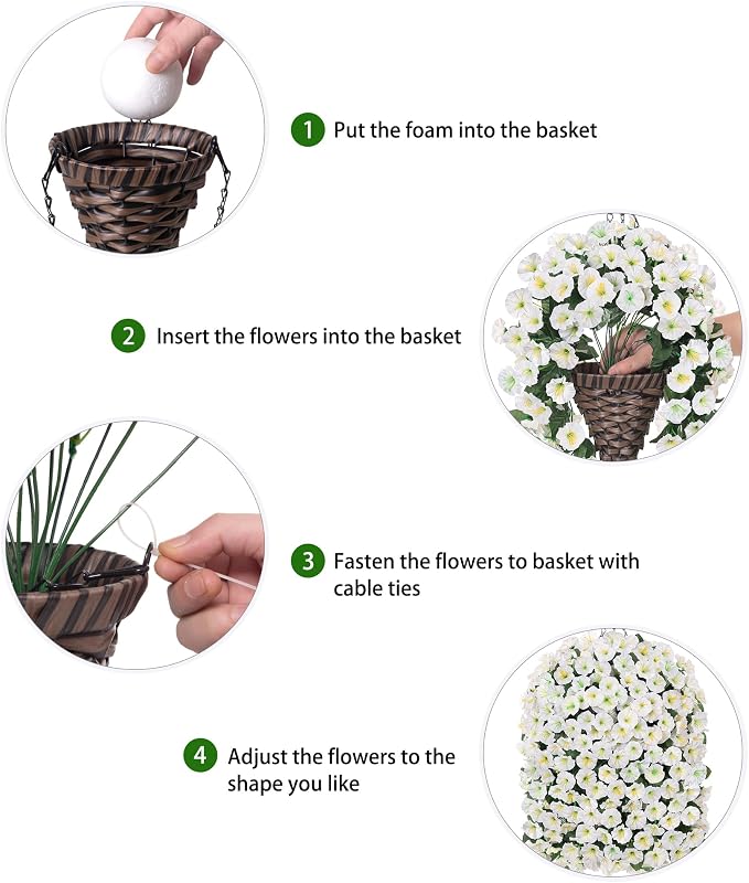 HyeFlora Artificial Faux Hanging White Flowers Plants Basket for Outdoor Outside Christmas Winter Decor, Fake UV Resistant Realistic Morning Glory Flowers for Porch Home Balcony Yard Patio Decoration