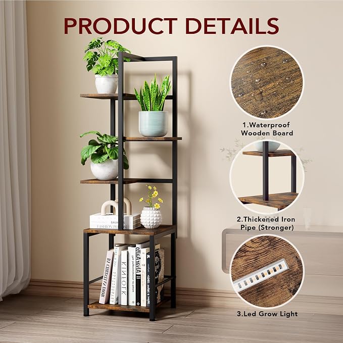 Plant Stand Indoor with Grow Light, 5-Tiered Tall Plant Stand Indoor, Metal Plant Shelf with Bookshelf Bookcase and Adjustable Light, Ideal for Living Room, Reading room, Garden, Patio (Brown)