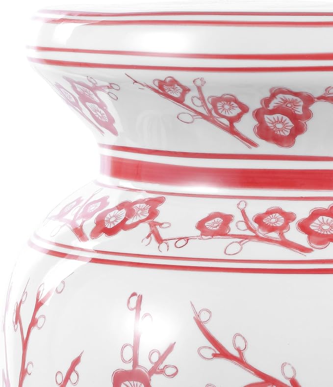 JONATHAN Y Cherry Blossom 18" Ceramic Chinoiserie Garden Stool, Traditional Floral Accent Side Table and Plant Stand for Indoor/Outdoor Garden, Patio, Living Room, Red/White TBL1016B