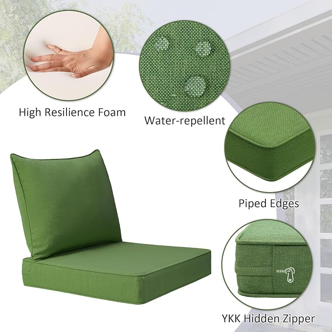 Unimatta Outdoor Patio Chair Cushions Set, 24" x 24", Set of 2, Water-Repellent, Fade Resistant, Deep Seat Bottom and Back Cushion for Backyard, Couch, Sofa and Patio Furniture, Lawn Green
