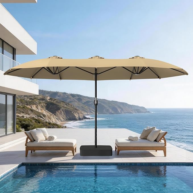 Suteck 15FT Patio Umbrella with Base Included - Double-Sided Outdoor Large Umbrella with & Crank Handle, UV & Fade Resistant Canopy for Poolside, Backyard, Deck and Market (Beige - with Base)