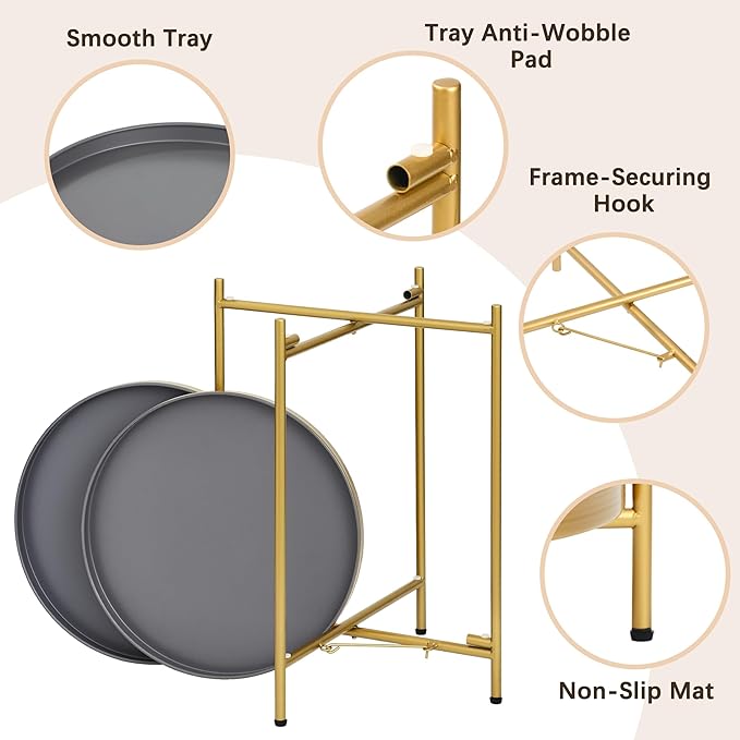 2-Tier Round End Side Table, Small Metal Side Table with Removable Tray, Folding Accent Tables for Living Room, Balcony, Nightstand for Bedroom, Outdoor Tables for Patio, Gold&Grey