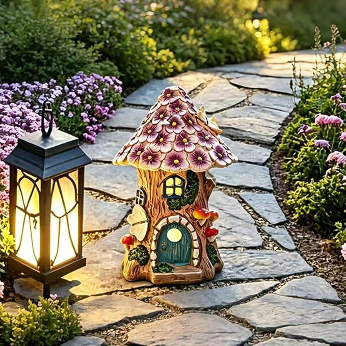 Fairy Garden House, Solar Fairy House for Outside Decor, Outdoor Mushroom Garden Statues for Yard, Lawn, Balcony Patio, Outdoor Figurine Lights Gifts for Mom Women