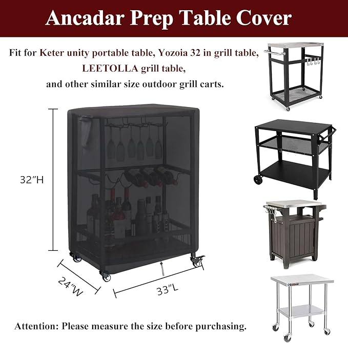 Prep Table Cover for Keter Unity Small Portable Table, 33inch Outdoor BBQ Cart Buffet Grill Table Cover Bar Tool Cart Cooler Covers Waterproof - 33"Lx24"Wx32"H