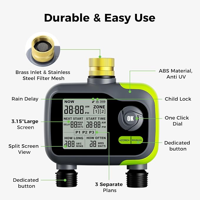 Sprinkler Timer, Brass Inlet Programmable Watering Timer for Garden Hose Fits 3/4” US Faucet, Outdoor Auto& Manual Hose Timer w/Rain Delay& Lock, Dirp Irrigation for Lawn, Yard, 2 Outlets