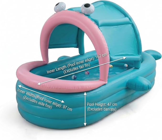 Inflatable Kiddie Pool with Canopy, Giant Fish Blow Up Pool for Kids Toddlers Adults, Thickened PVC Family Pool, 3 Air Chambers, 65"×38"×18" Backyard Summer Splash