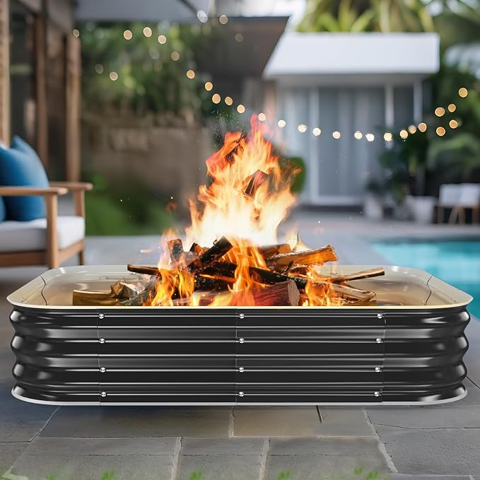48 Inch Heavy Duty Square Fire Pit Ring for Outside, 11" Deep Galvanized Steel Fire Pit Insert for Backyard Bonfires, DIY Outdoor Wood Burning Firepit for Patio, Camping & Outdoor Fireplace