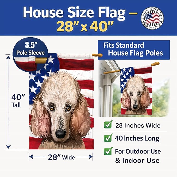 Caroline's Treasures CK6657CHF Poodle Dog American Flag House Flag Large Porch Sleeve Pole Decorative Outside Yard Banner Artwork Wall Hanging, Polyester, House Size, Multicolor