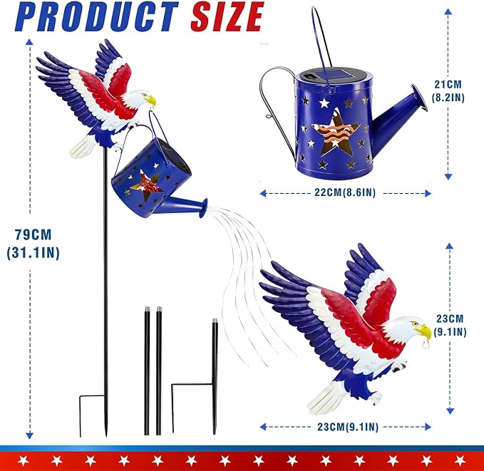 Solar Eagle Garden Lights Outdoor Decorations, Patriotic Watering Can Light with Cascading Fairy Lights, Solar Garden Decor for 4th of July, Memorial Day, Veterans Day, Yard, Patio, Lawn, Flower Bed