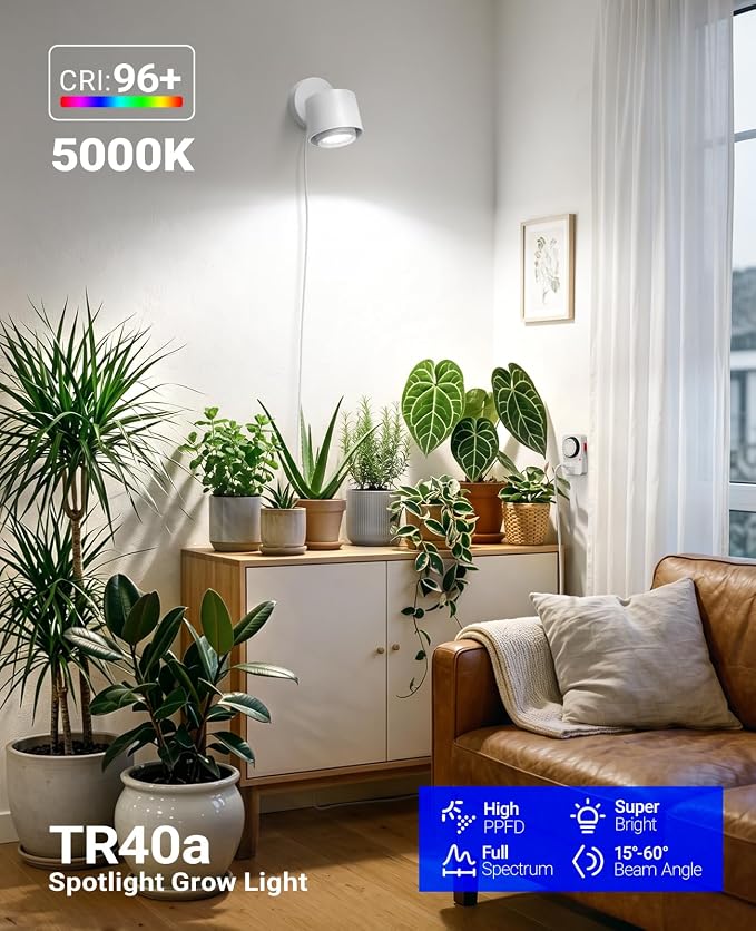 Barrina TR40a Track Grow Light for Indoor Plants, 40W Wall-Mounted Grow Bulbs with Adjustable Beam Angle (15°-60°), 5000K Full Spectrum Plant Spotlight with Timer & 16.4' Power Cord, 1-Pack