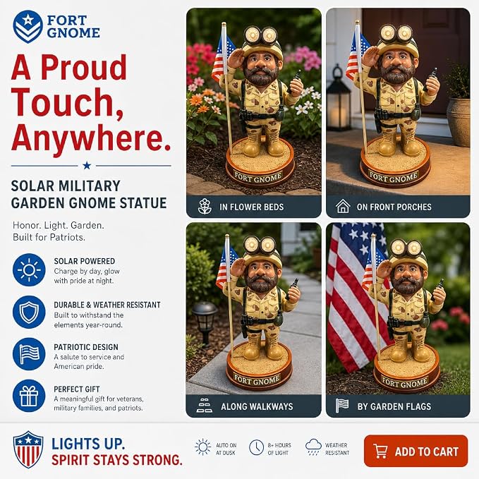Military Garden Gnome - Patriotic Veteran Gift, 11 Inch | A saluting soldier with solar-lit goggles, for Memorial Day, Veterans Day and the 4th of July. Weatherproof resin.
