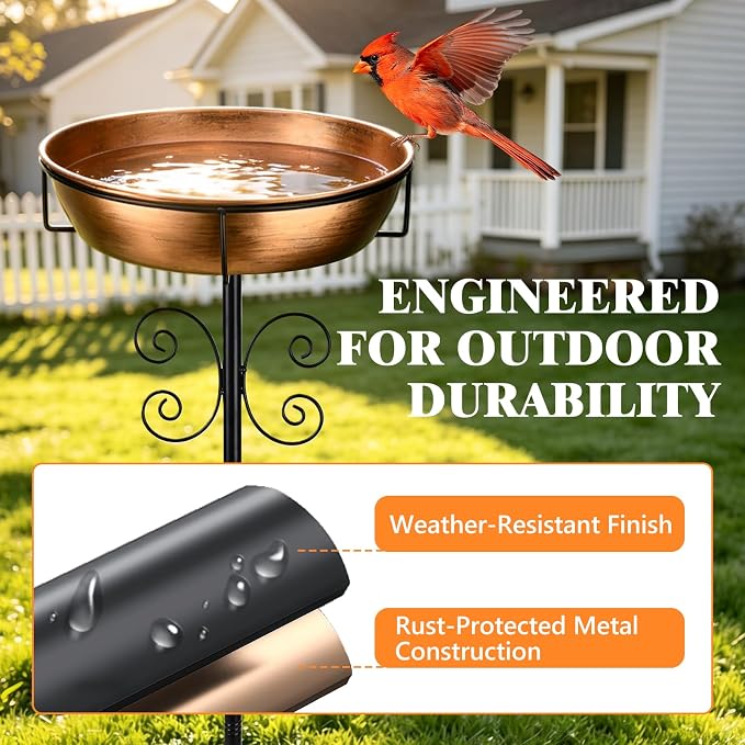 Btefd 3" Deep 43" Tall Copper Metal Bird Bath for Outdoor, 12" Dia Removable Bird Baths Water Bowl for Outside, Standing Birdbaths with Stable Stake for Garden Yard Lawn Decor 1.4 Gallon