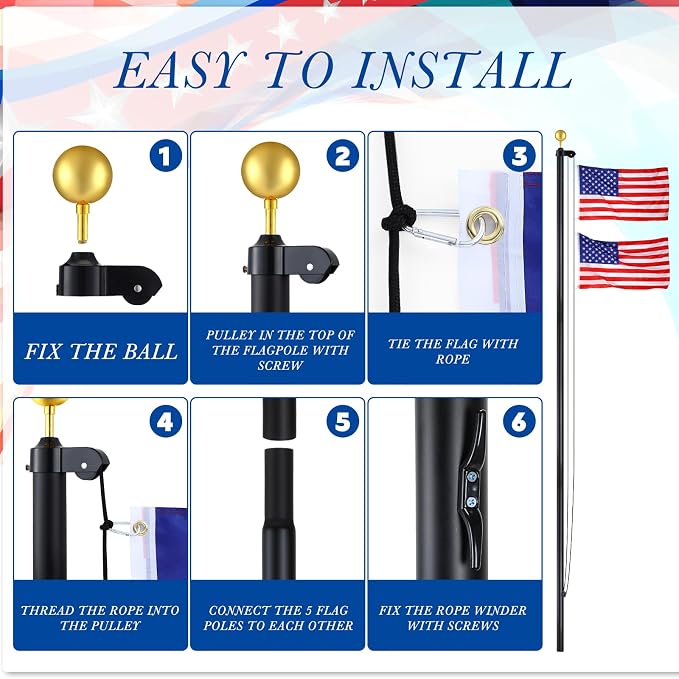 FuWeave Flagpoles for Outside House in Ground 16 ft Sectional Flag Pole Kit Extra Thick 16 Gauge Heavy Duty Aluminum Flag Pole with Gold Ball Top for Residential or Commercial (Black)