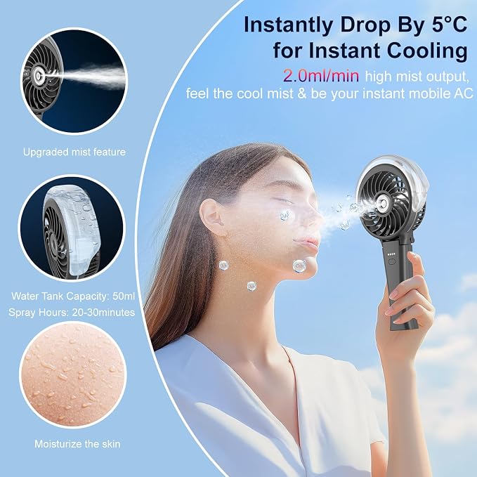 HandFan 4000mAh Portable Misting Fan, 50ml Water Tank, Rechargeable Handheld Personal Mister Fan, Spray Water Mist, Foldable Electric Cooling Ice Fans for Beach, Travel, Outdoors(Black)