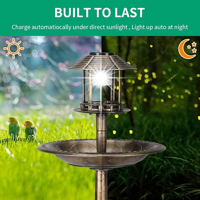Outvita Outdoor Bird Bath, Garden Bird Baths Decorations with Solar-Powered Lamp and Resin Pedestal Flower Planter Base Bird Feeder for Yard Patio