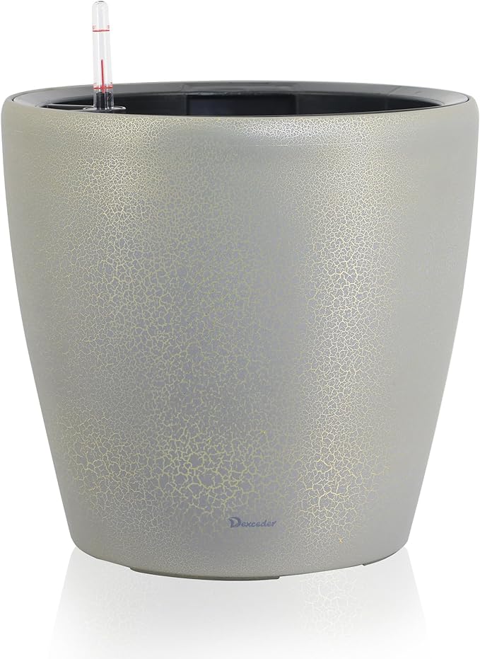 Dexceder 15x14 Self Watering Planter with Wheels (Grey Gold Crackle) | Inner Pot Design, Thickened Large Floor Standing Flower Plant Pot with Water Level Indicator Indoor Outdoor