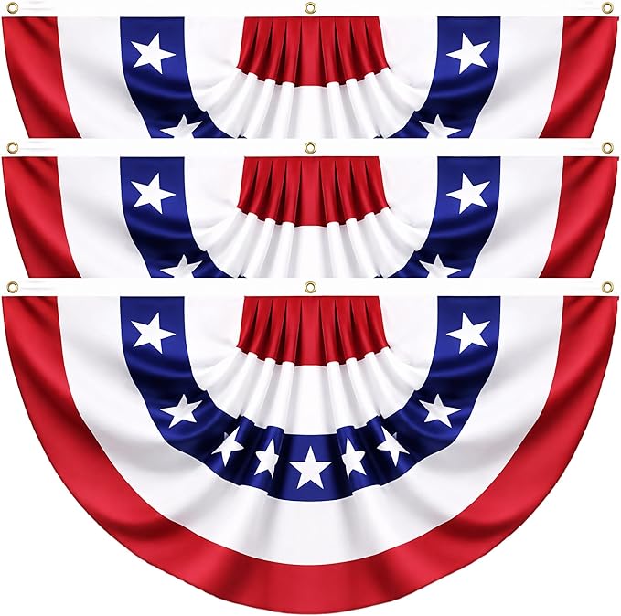 3 Pack USA Pleated Fan Flags - 6x3 FT Large American Flag Bunting for Outside, Red White Blue Bunting Banner with Brass Grommets, Patriotic Porch Decor for Independence Day, July 4th, Memorial Day