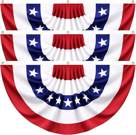 3 Pack USA Pleated Fan Flags - 6x3 FT Large American Flag Bunting for Outside, Red White Blue Bunting Banner with Brass Grommets, Patriotic Porch Decor for Independence Day, July 4th, Memorial Day