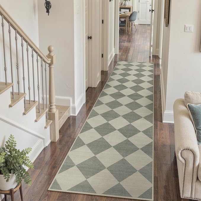 Beeiva Checkered Print Rug Runners for Hallways 2.5x10, Green Kitchen Runner Rugs Non Skid Washable Ultra Thin Faux Wool Long Carpet for Hallway, Checkerboard Neutral Floor Carpet for Kitchen Decor