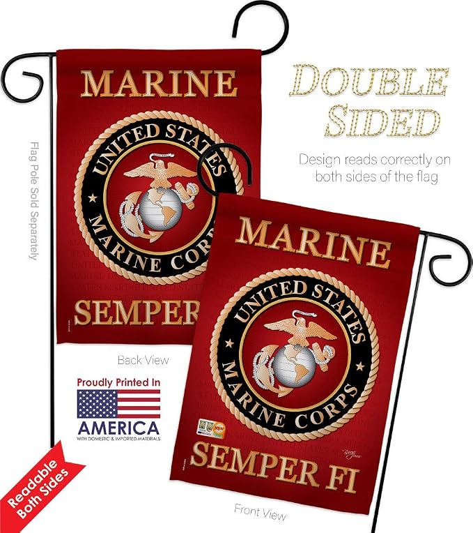 Marine Corps Garden Flag - 2pcs Pack Armed Forces USMC Semper Fi United State American Military Veteran Retire Official - House Decoration Banner Small Yard Gift Double-Sided Made in USA 13 X 18.5