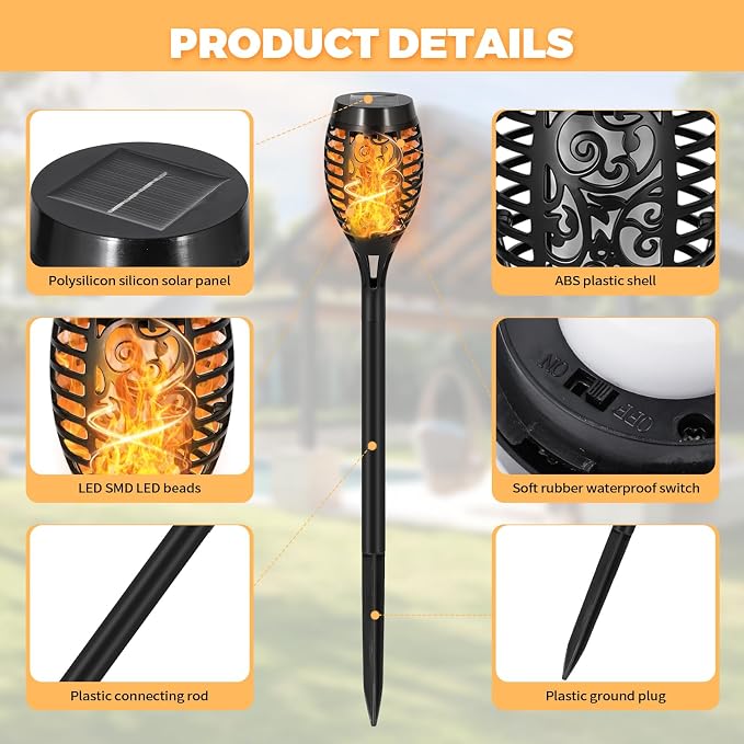 Solar Torch Flame Lights, Flickering Flame LED – Waterproof Solar Garden Lights for Patio, Yard, Pathway, Landscape & Backyard Décor (Warm WHITE-12 Pack)