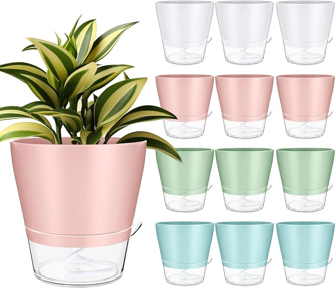 Funnymoom 12 Pack 6 Inch Self Watering Plant Pots Self Watering Planters with with Visual Reservoir and Drainage Hole Plastic Flower Pots for Indoor Plants African Violets Flowers