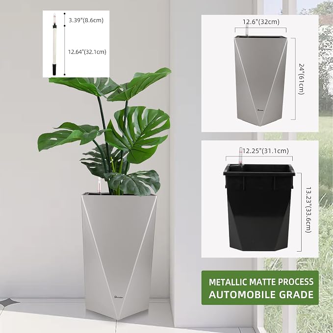 Dexceder 24 Inches Self Watering Tall Planter (Gray) | Diamond Metallic Matte, Thickened Rhombus Large Floor Standing Flower Plant Pot with Water Level Indicator Indoor Outdoor