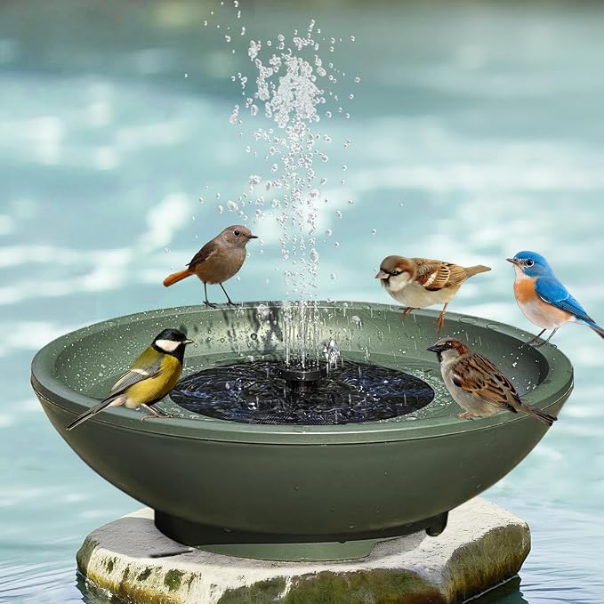 Solar Fountain Bird Bath for Outside, 12.5" Outdoor Green Birdbath Bowl Fountain with 6 Nozzles Freestanding Ground Bird Playing Bowl for Garden/Patio/Yard/Balconies and Lawns Decor