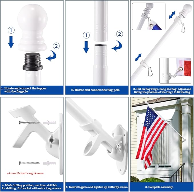 BONWIN White Flag Pole Kit for Outside House, 6FT Thickened Stainless Steel Wall Mount Flag Pole for 3x5'/ 4x6' Flag, 1" Anti-Wrap Spinning Flag Ring Clips & 2-Position Bracket Holder for Porch Yard
