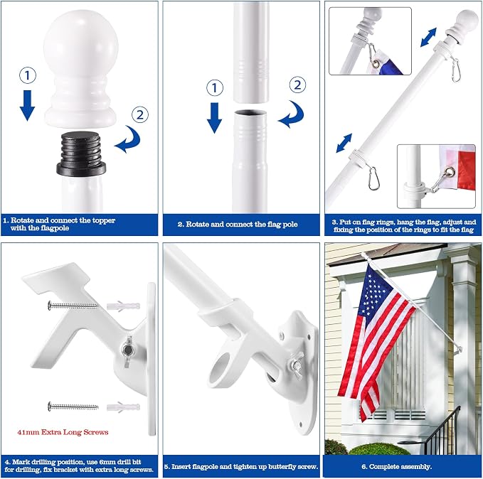 BONWIN White Flag Pole Kit for Outside House, 7FT Thickened Stainless Steel Wall Mount Flag Pole for 3x5'/ 4x6' Flag, 1" Anti-Wrap Spinning Flag Ring Clips & 2-Position Bracket Holder for Porch Yard