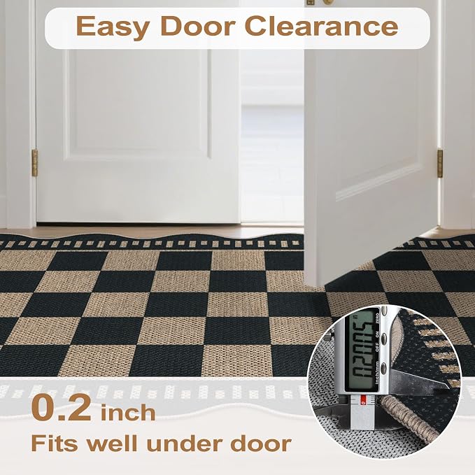 Checkered Easy Jute 4x6 Outdoor Patio Rug, Washable Indoor Outdoor Black Kitchen Rugs Farmhouse Neutral Non Slip Area Rug for Living Room Backyard Bedroom