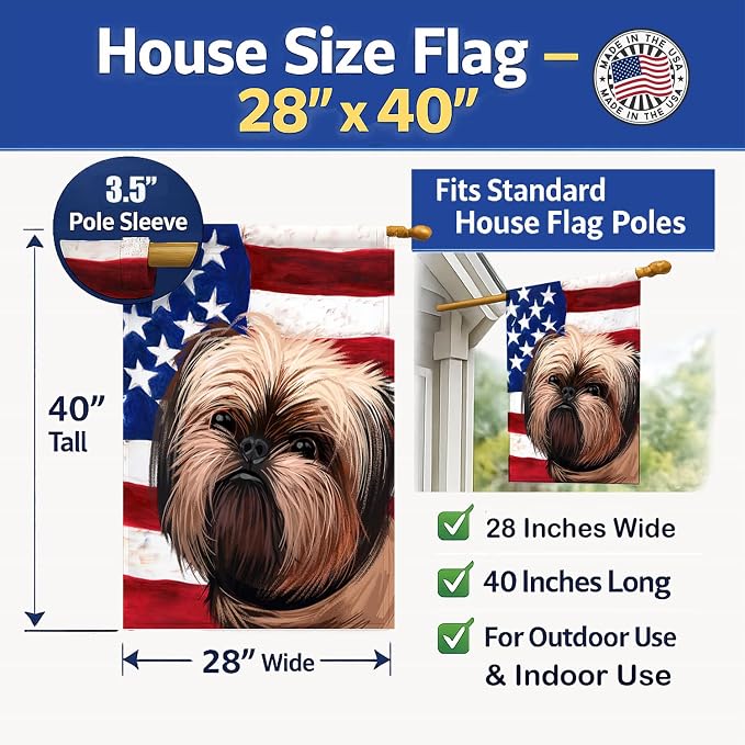 Caroline's Treasures CK6552CHF Griffon Bruxellois Dog American Flag House Flag Large Porch Sleeve Pole Decorative Outside Yard Banner Artwork Wall Hanging, Polyester, House Size, Multicolor