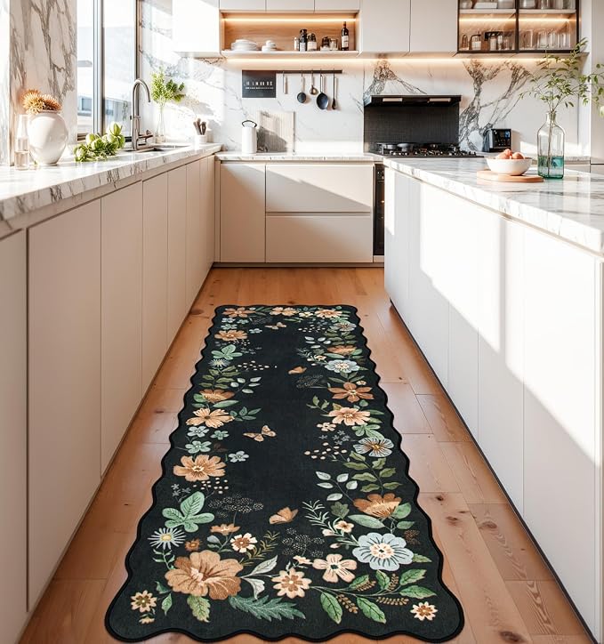 Lahome Floral Kitchen Runner, 2X6 Washable Runner Rug Non Slip Ultra-Thin, Soft Hallway Rug Stain Resistant Boho Small Low-Pile Carpet for ‎Laundry Bathroom Bedroom Flore (2x6ft,Black/Grey)
